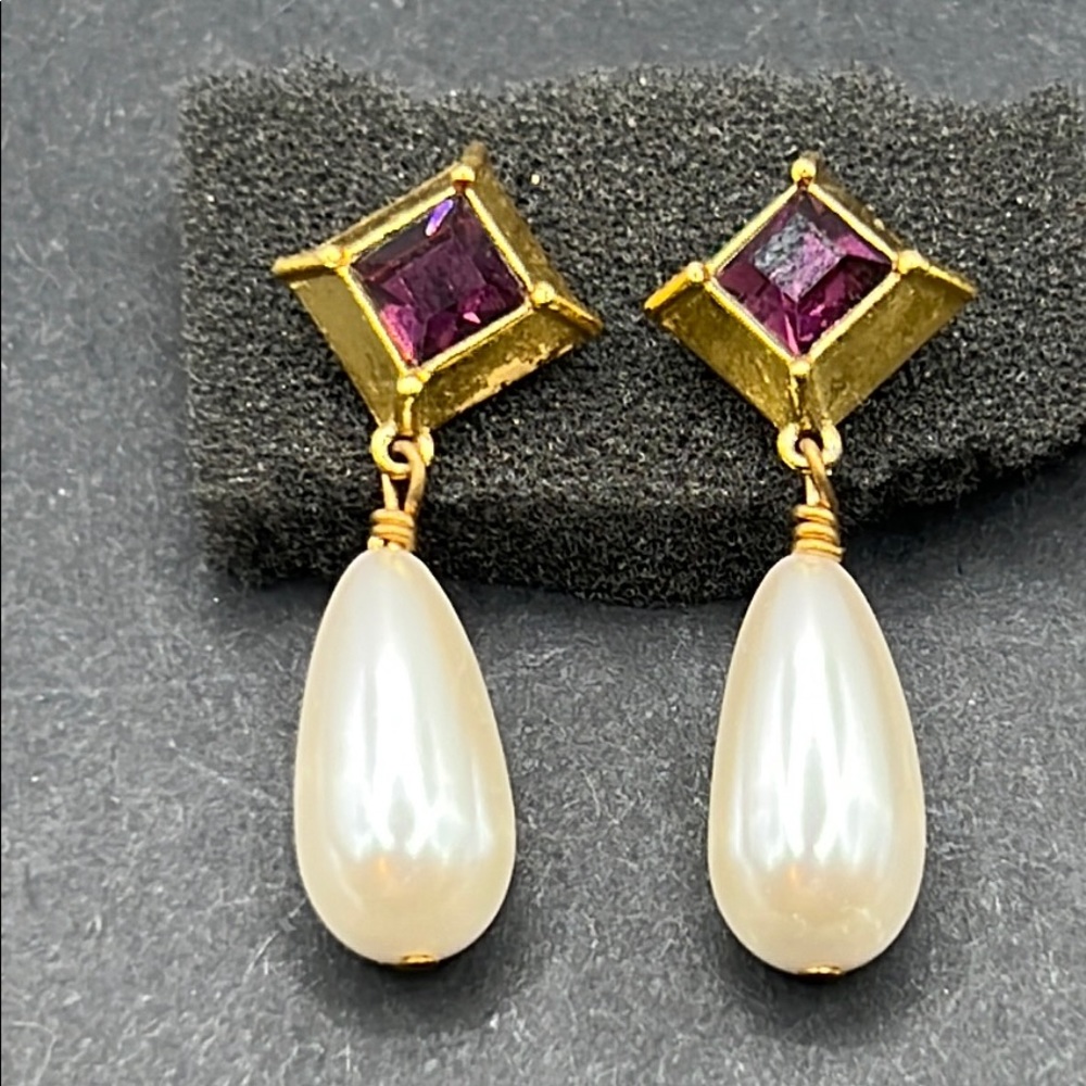 Vintage ALVA purple rhinestone , pearl earrings